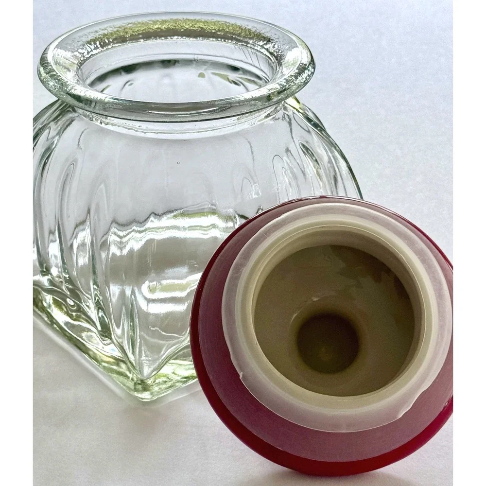 VTG MCM Clear Glass Apothecary Canister Ruby Red Ceramic Lid Cottagecore Style